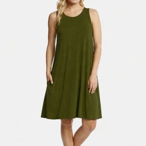Karen Kane Chloe Swing Trapeze Stretch Jersey Dress Sz Lg Olive Green